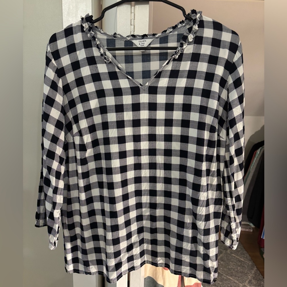 Crown & Ivy Black and White Gingham Blouse